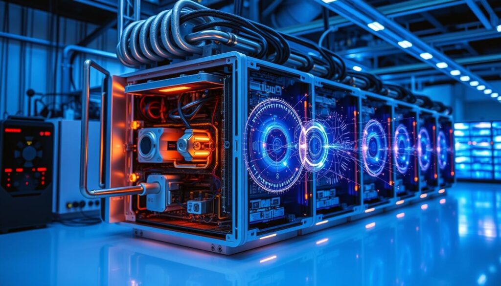 Quantum computing hardware with visualization of quantum bits processing data from McKinsey tech trends 2025