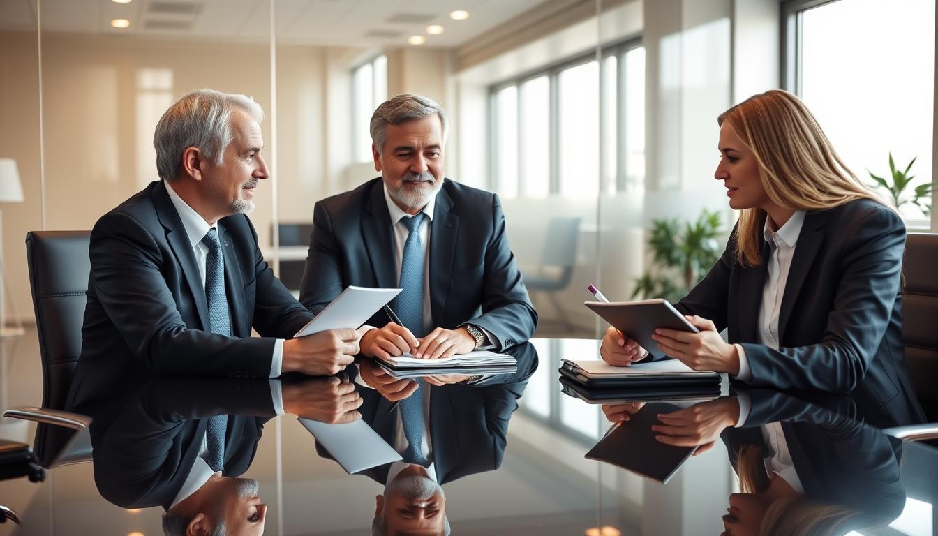 Three professionals in a mentoring meeting discussing career growth strategies