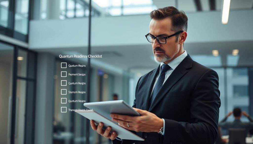 Business executive checking items on a quantum readiness checklist