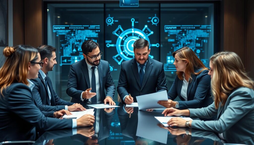 Business executives reviewing quantum computing strategy documents