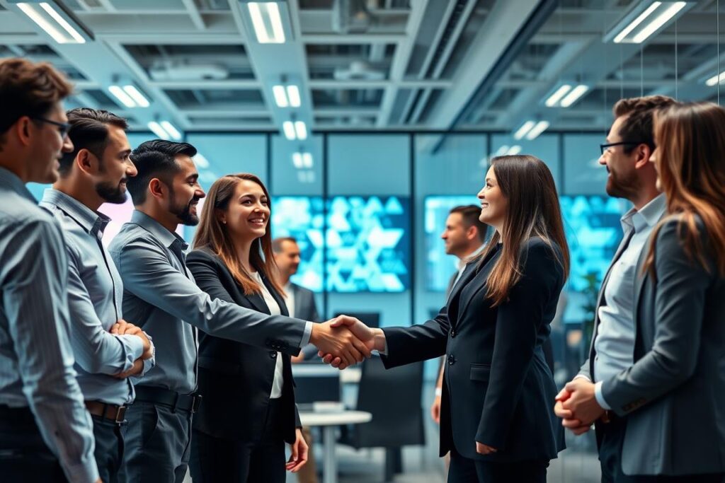 Business executives shaking hands with quantum computing experts