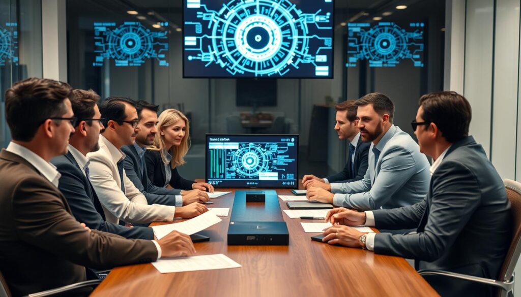 Business leaders discussing ethical implications of quantum computing