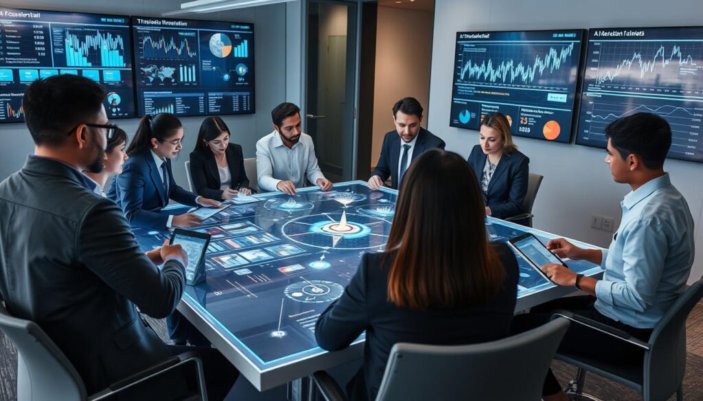 Business professionals using Supermind technology for strategic planning in a modern meeting room