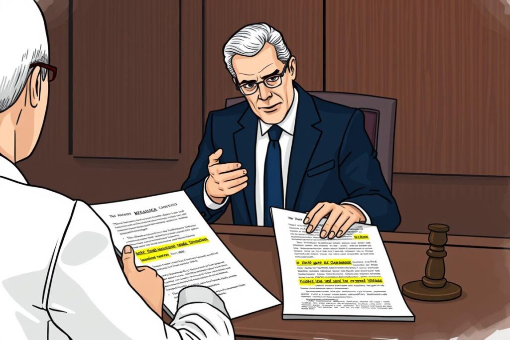 Courtroom setting with lawyer explaining AI hallucination issue to judge