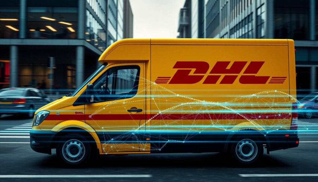 DHL delivery truck with quantum computing optimization visualization