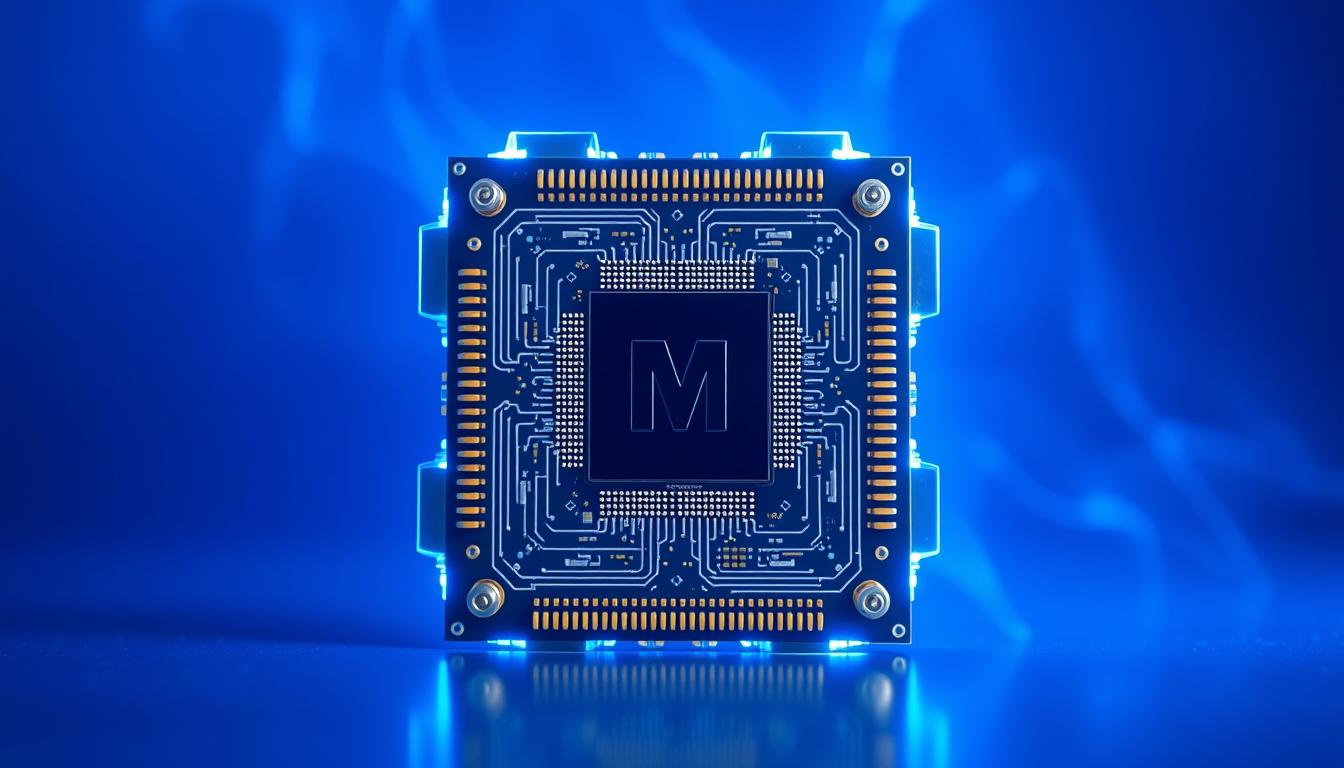 Quantum computer processor with blue light representing quantum computing business impact