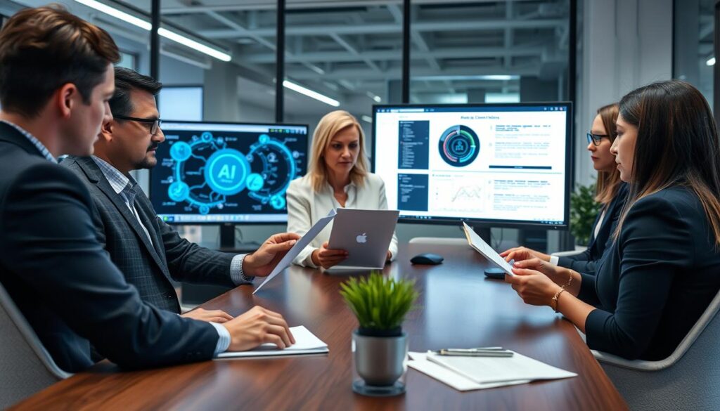 Team implementing AI hallucination prevention strategies in office setting