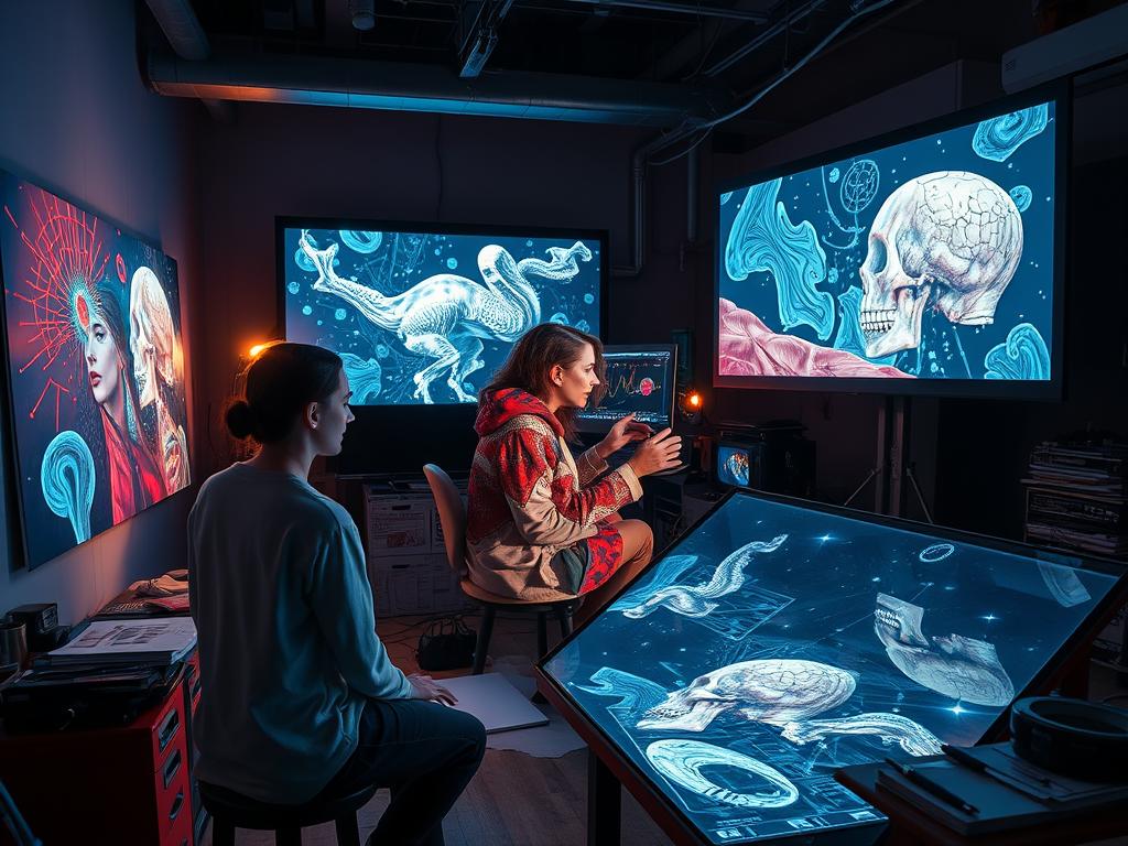 Artist working with GAN-generated imagery in a studio setting