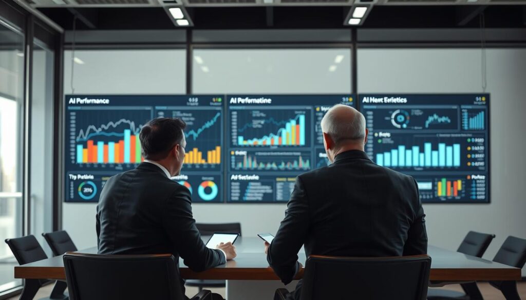 Business leaders reviewing AI implementation results on dashboard