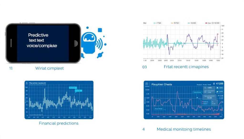 Collage showing various real-world applications of Recurrent Neural Networks including text prediction, speech recognition, and financial forecasting
