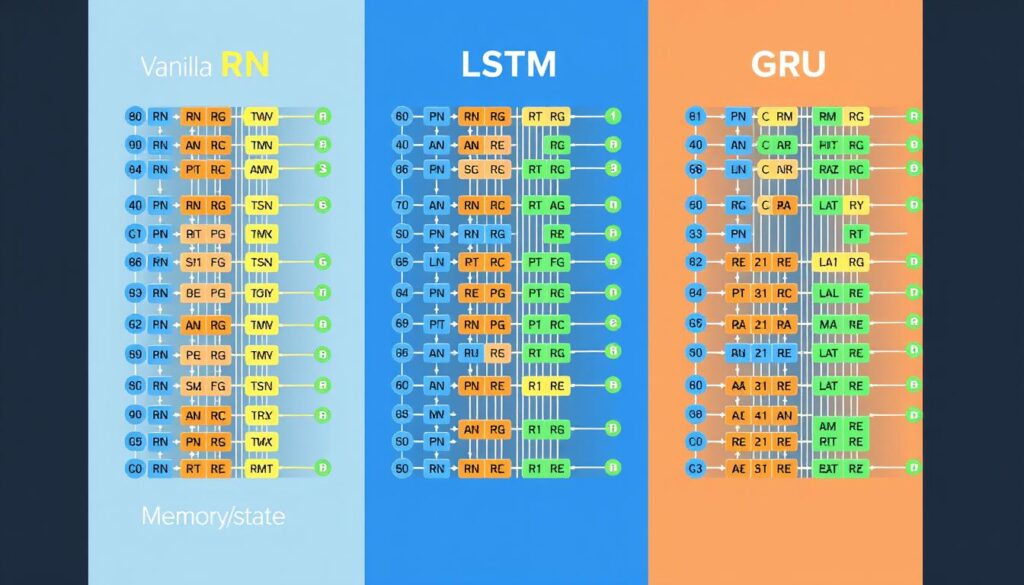 Comparison of different RNN architectures including Vanilla RNN, LSTM, and GRU showing their internal structures