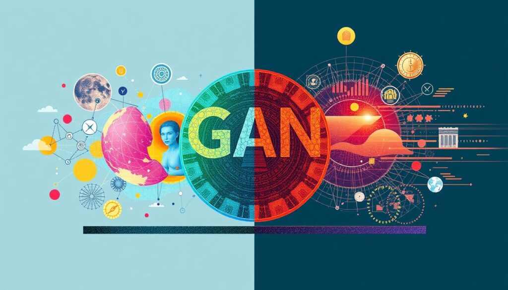 Conceptual image illustrating the dual nature of GAN technology - creative potential and ethical challenges