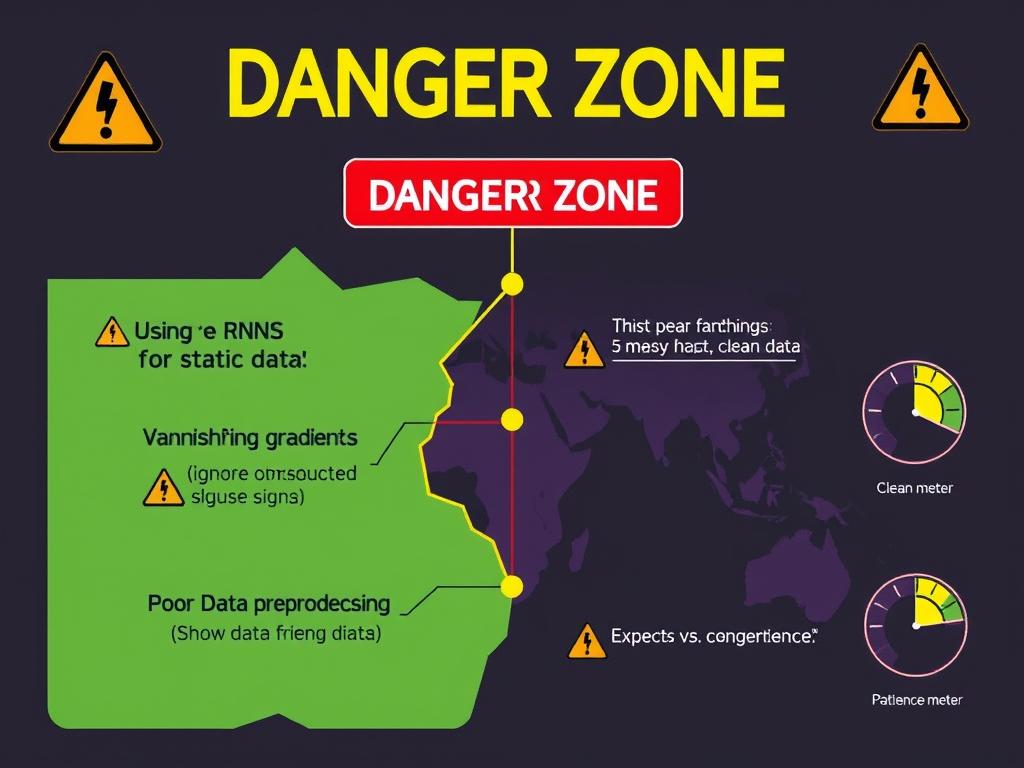 Illustration showing common pitfalls when implementing Recurrent Neural Networks with visual warning signs