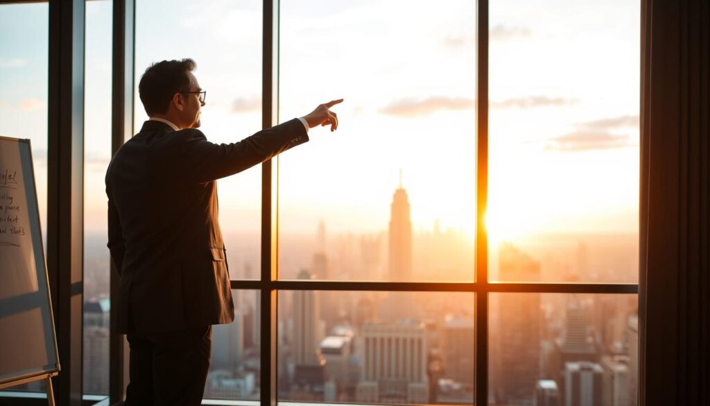 A leader pointing toward a horizon, illustrating the enlightened leadership principle of vision