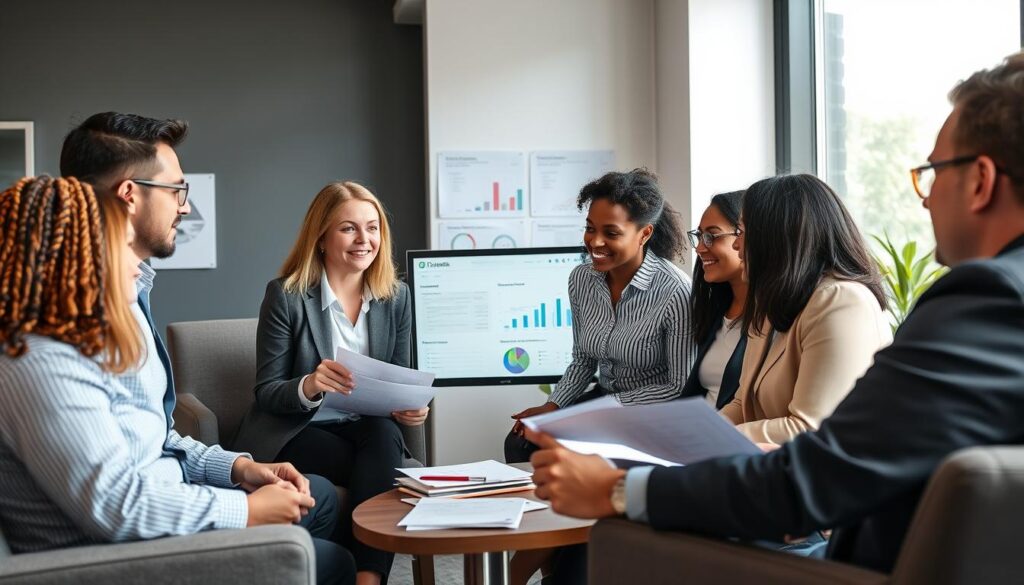 A leader reviewing customer feedback with team members, showing enlightened leadership in action