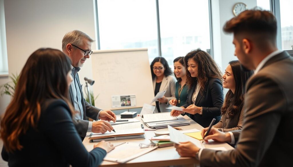 A leader sharing knowledge with team members, exemplifying enlightened leadership through generosity