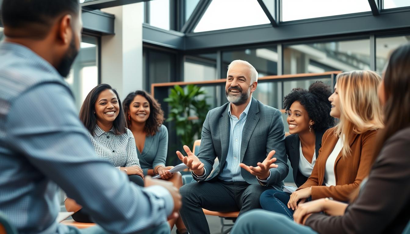 A leader sharing openly in a circle of team members, demonstrating enlightened leadership through vulnerability