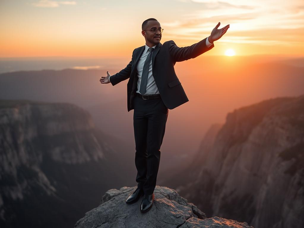 A leader standing at the edge of a metaphorical cliff, representing the enlightened leadership principle of facing fears