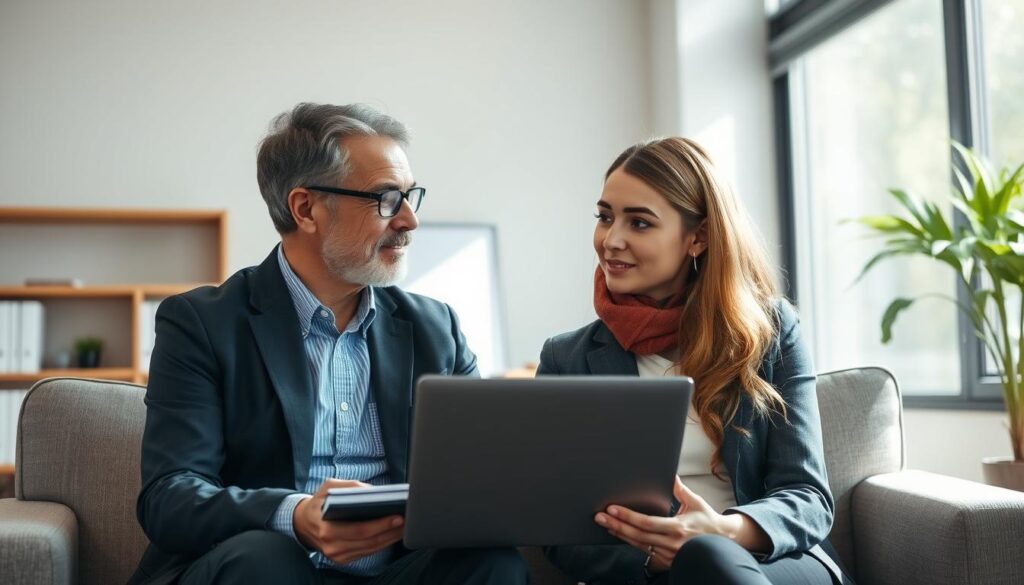 A mentoring session between senior and junior leaders, showing enlightened leadership in practice