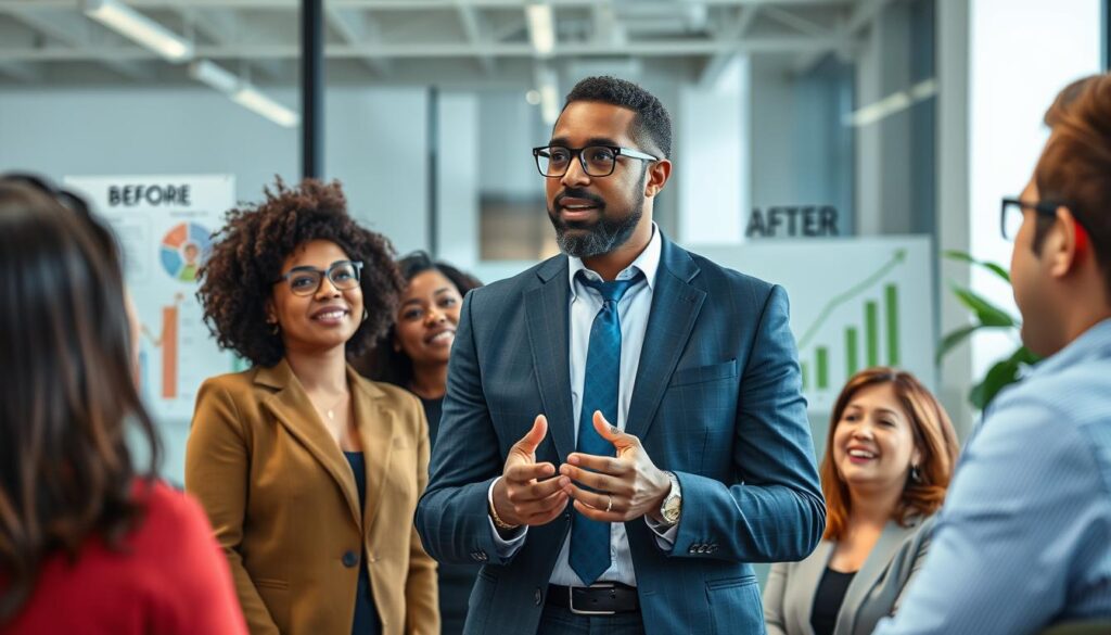 A transformative leader addressing a team, showing enlightened leadership principles in action