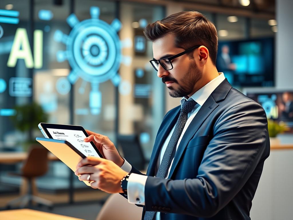 Business leader reviewing AI innovation strategy checklist on digital tablet