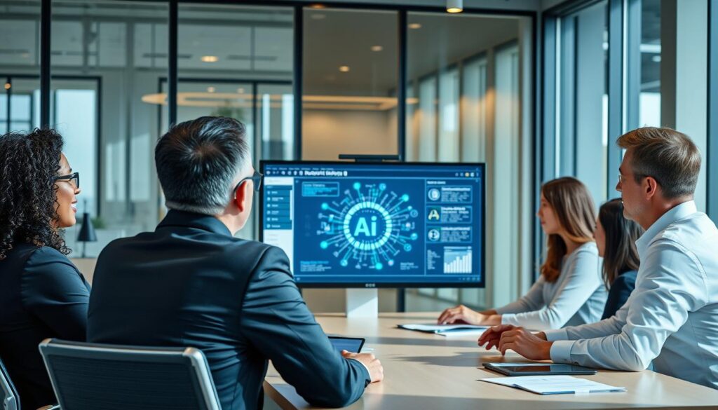 Business professionals discussing Generative AI integration strategy around a conference table with AI visualization displays