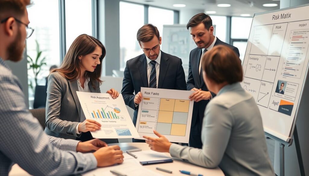 Business team analyzing risk factors in a decision-making process with charts and decision-making strategies for leaders displayed