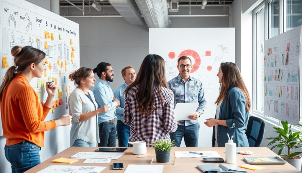 Collaborative innovation workshop with teams using design thinking methods for AI development