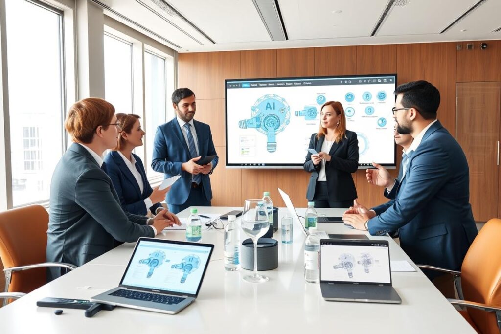 Corporate-academic partnership meeting between business leaders and university researchers