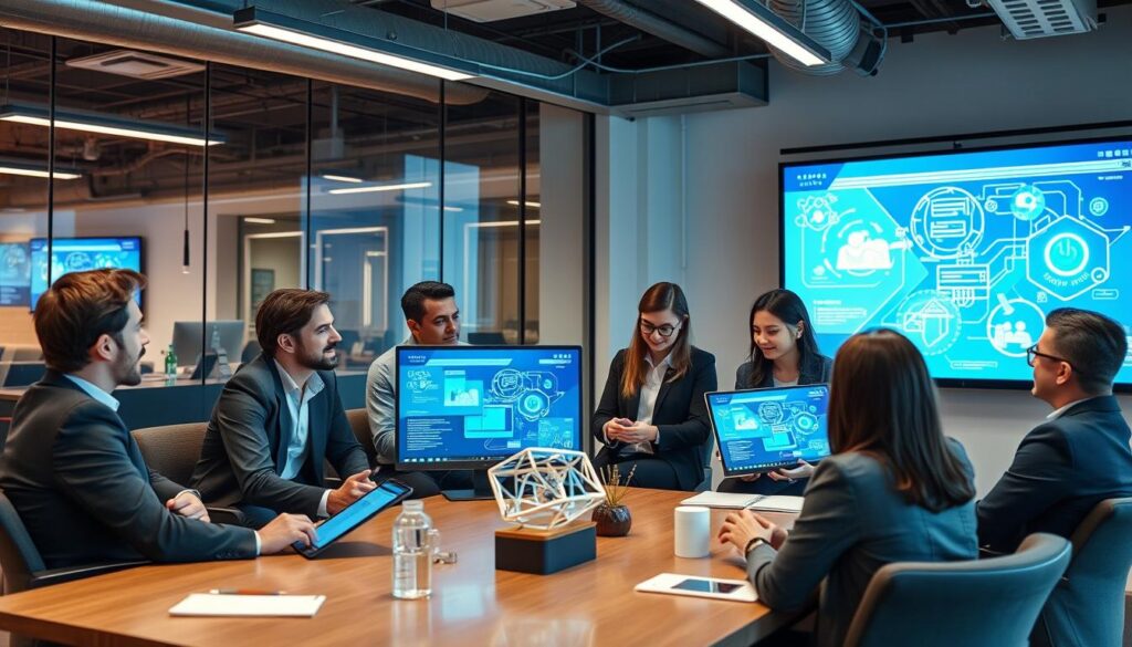 Corporate innovation team meeting with AI startup founders to discuss partnership