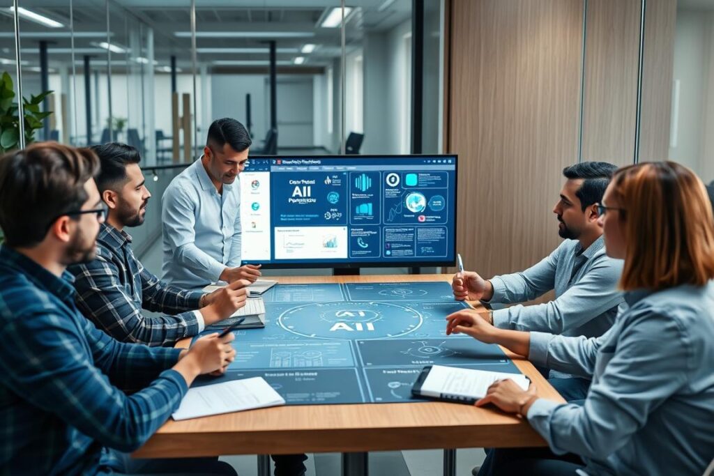 Cross-functional team with technical and business professionals collaborating on AI project