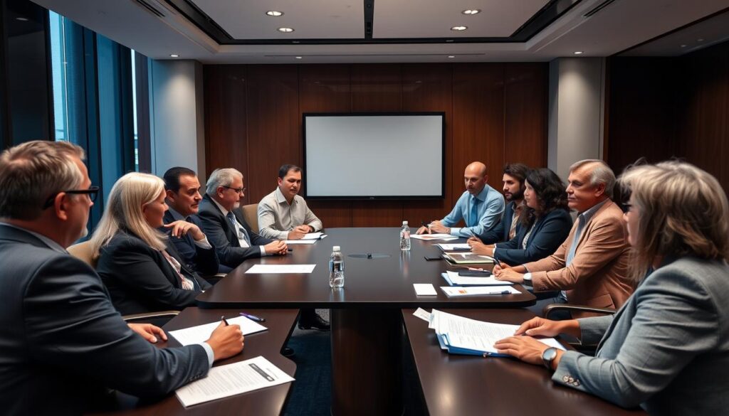 Diverse external advisory board meeting discussing responsible AI governance