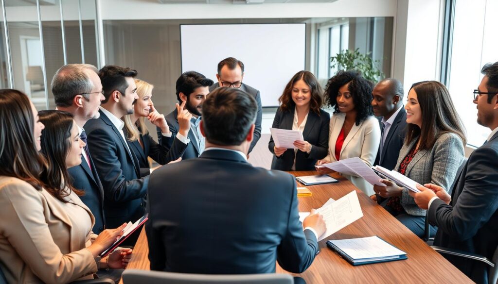 Diverse group of professionals reaching consensus during a strategic decision-making meeting with decision-making strategies for leaders visible on documents