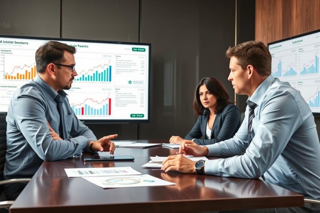 Executive meeting discussing failed AI project with analytics showing poor results