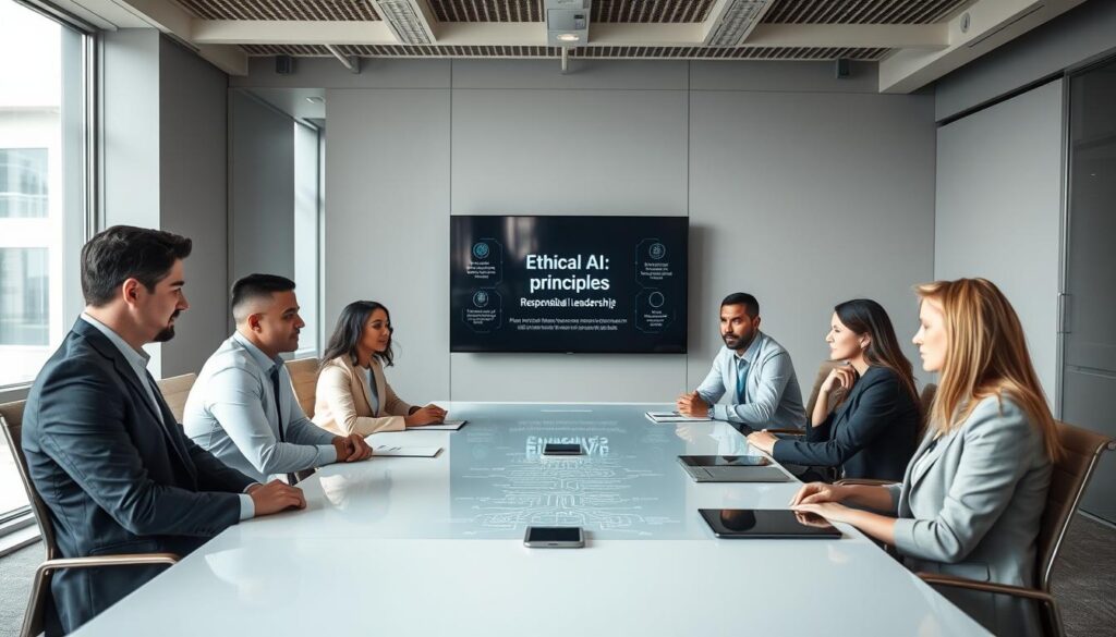 Executive team reviewing Responsible AI Leadership principles in a modern boardroom setting