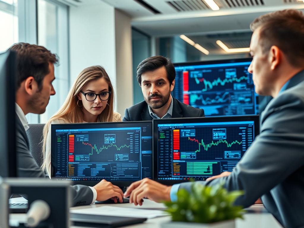 Financial services team reviewing AI model outputs with oversight protocols