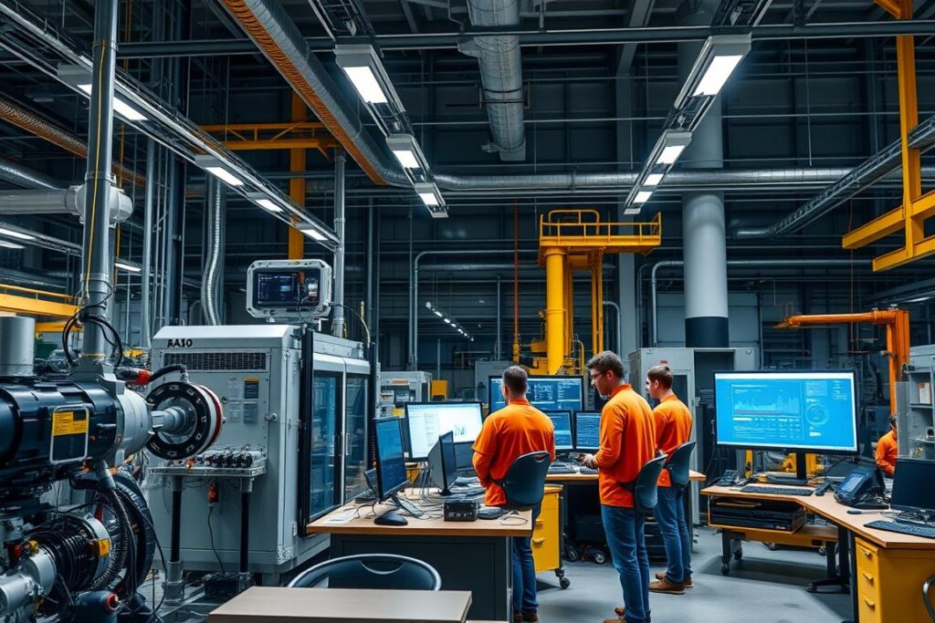 Manufacturing AI innovation lab with engineers working on predictive maintenance systems