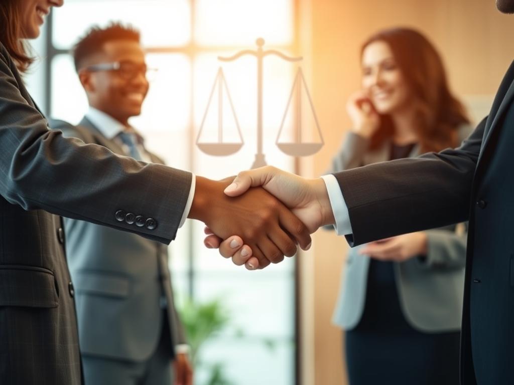 Two hands shaking with a symbolic balance scale, representing the enlightened leadership balance of loyalty and opportunity